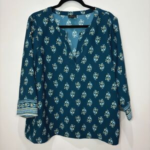 J Jill Wearever Collection Easy-Care Tunic Teal Blue Floral Blouse Women L Boho